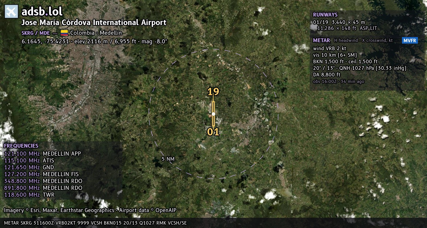 Satellite map with the runway layout of Jose Maria Córdova International Airport (SKRG)
