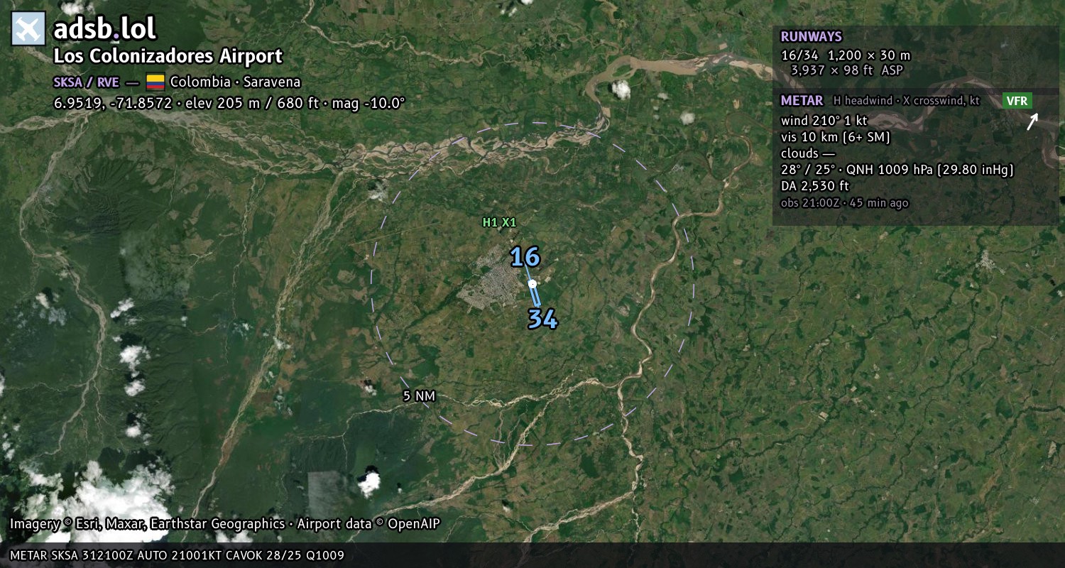 Satellite map with the runway layout of Los Colonizadores Airport (SKSA)