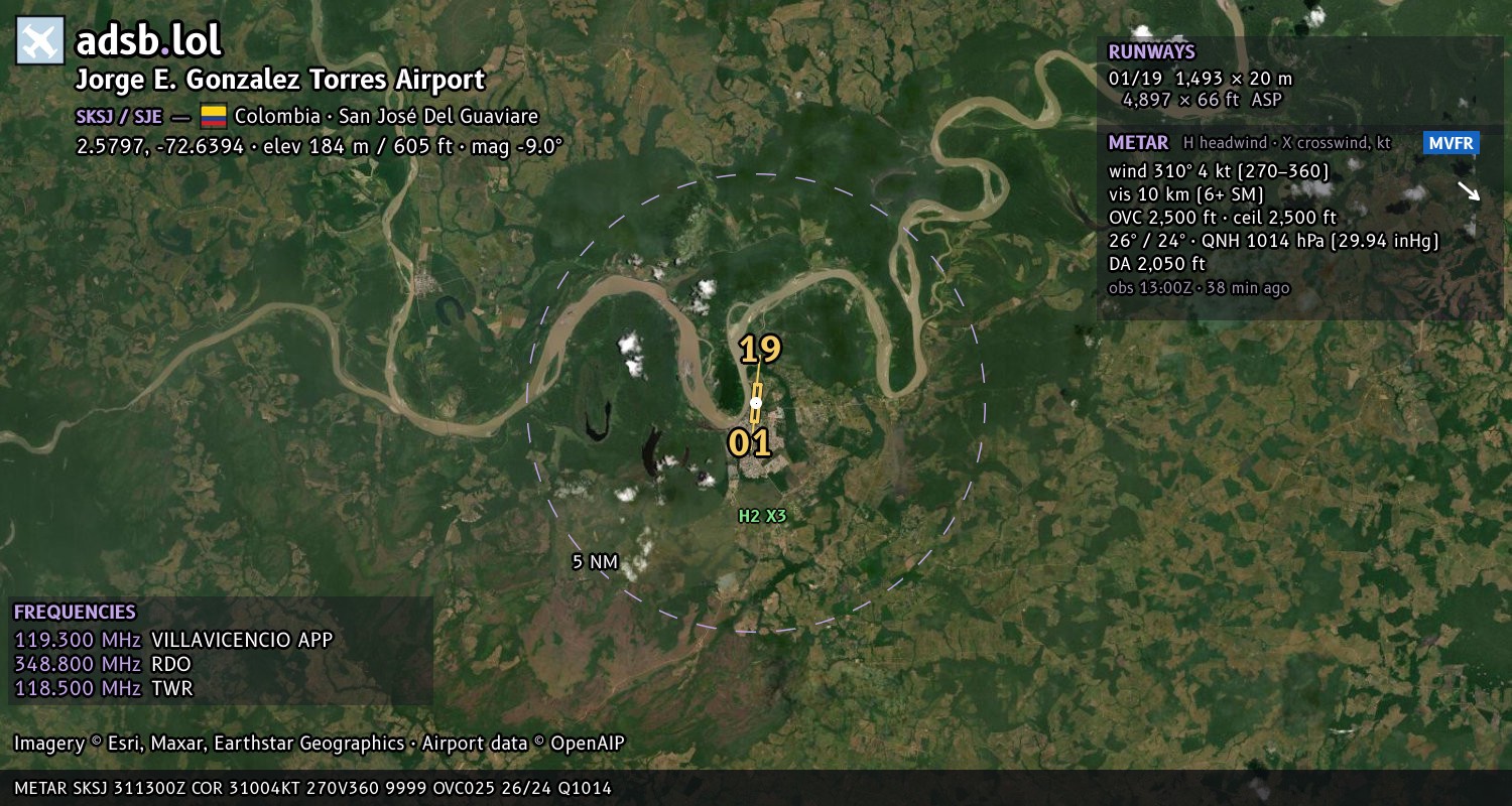 Satellite map with the runway layout of Jorge E. Gonzalez Torres Airport (SKSJ)