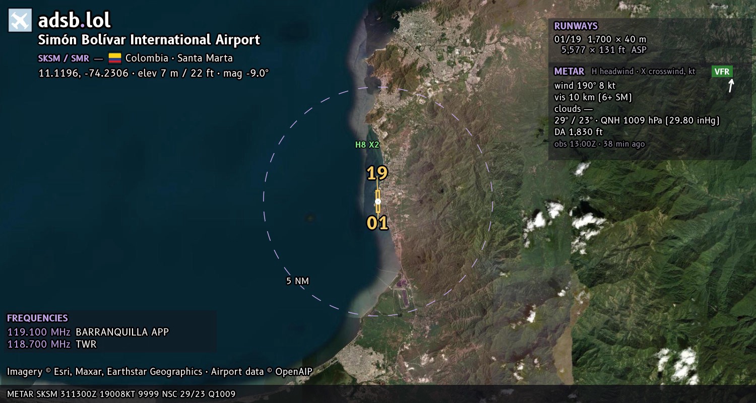 Satellite map with the runway layout of Simón Bolívar International Airport (SKSM)