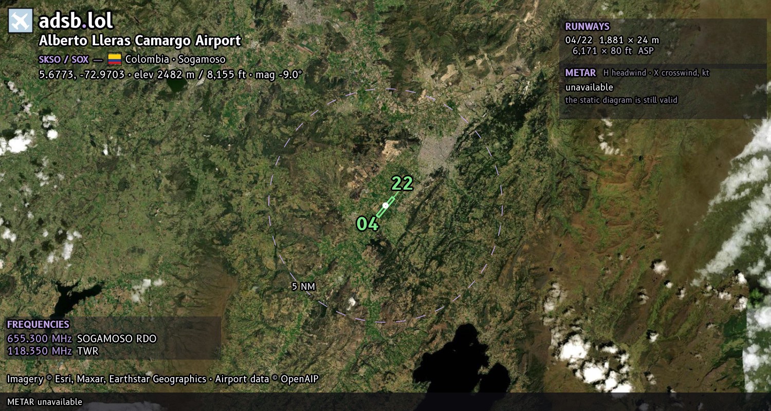 Satellite map with the runway layout of Alberto Lleras Camargo Airport (SKSO)