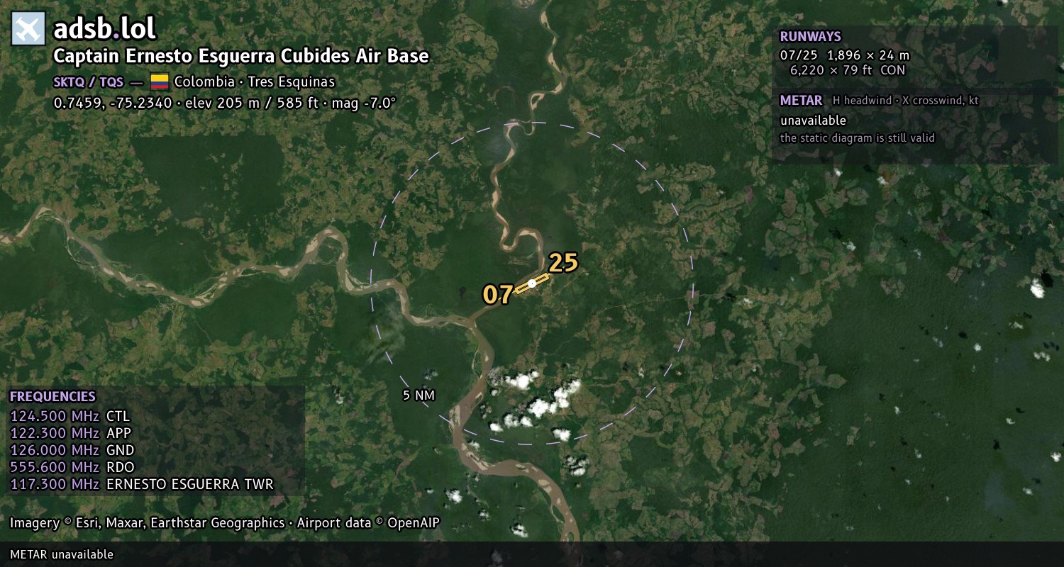 Satellite map with the runway layout of Captain Ernesto Esguerra Cubides Air Base (SKTQ)