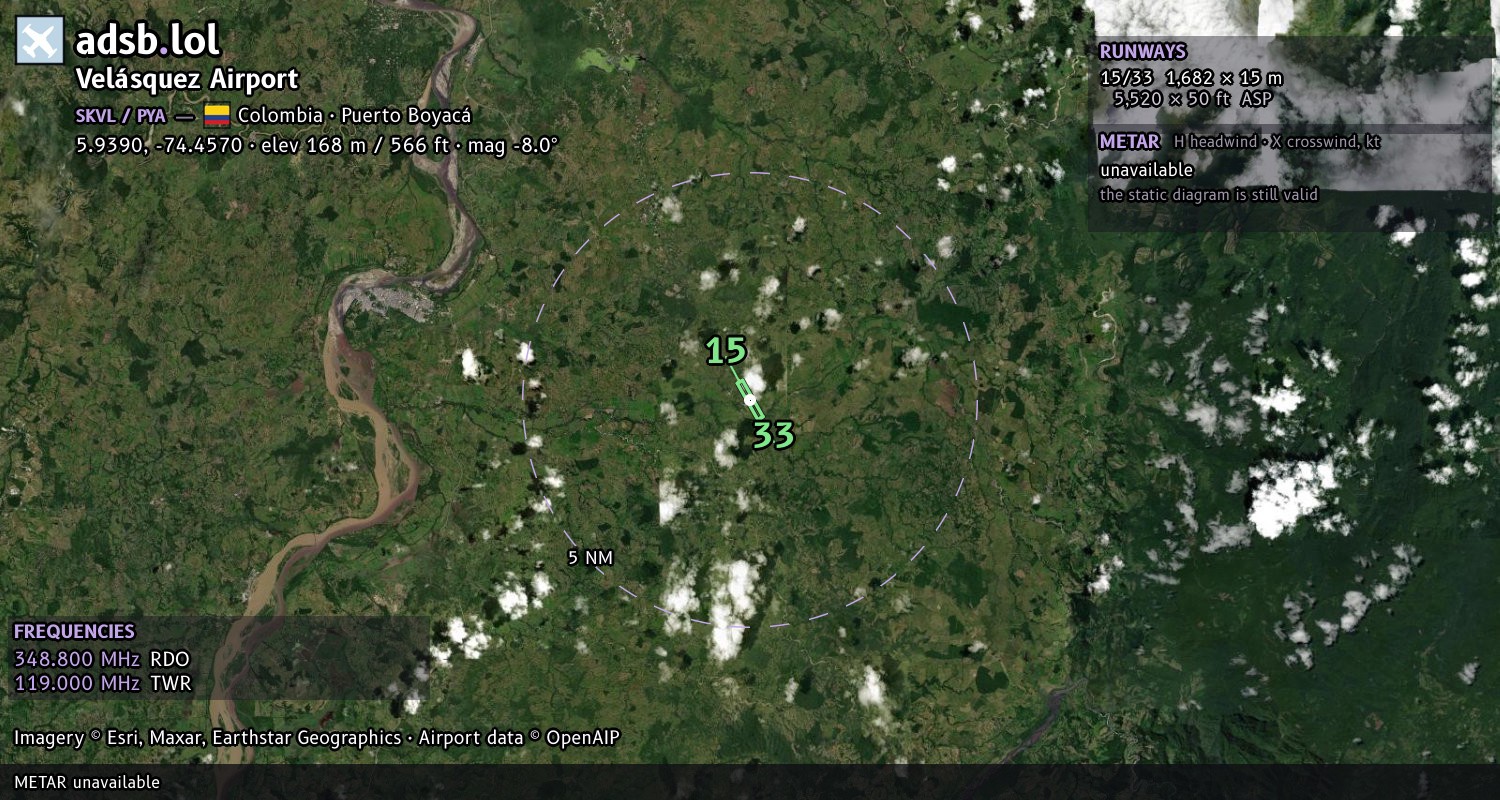 Satellite map with the runway layout of Velásquez Airport (SKVL)