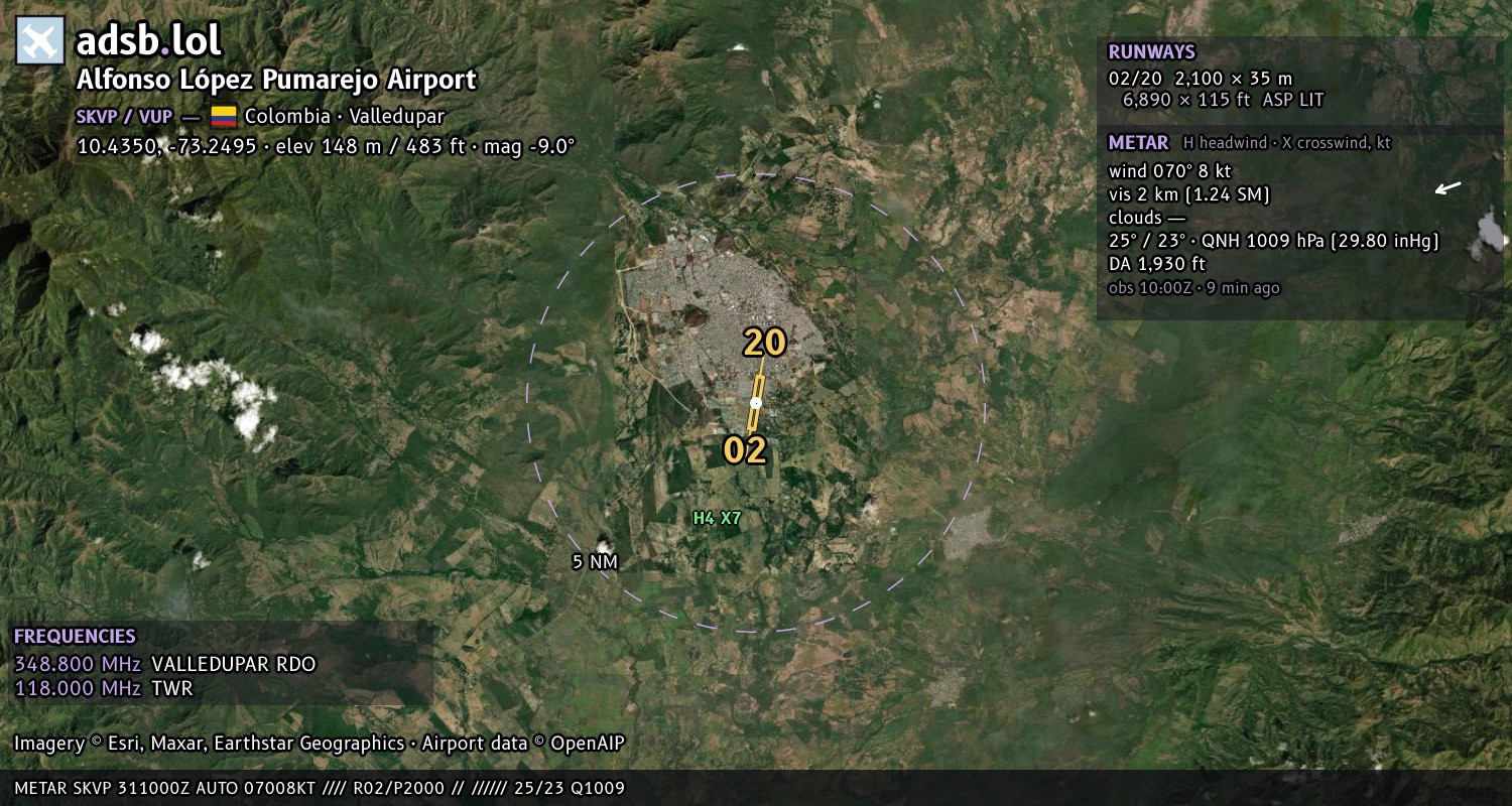Satellite map with the runway layout of Alfonso López Pumarejo Airport (SKVP)