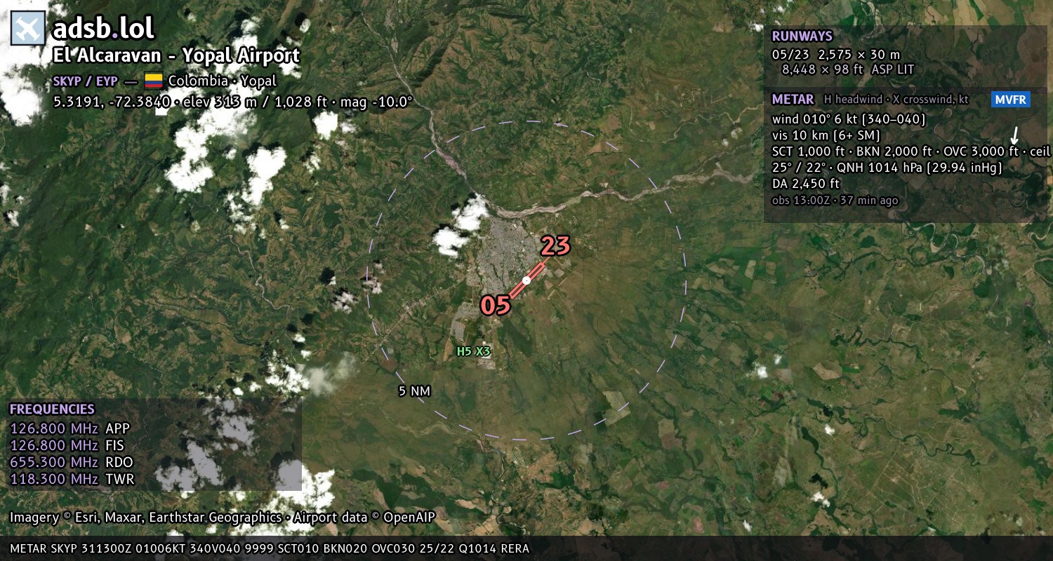 Satellite map with the runway layout of El Alcaravan - Yopal Airport (SKYP)