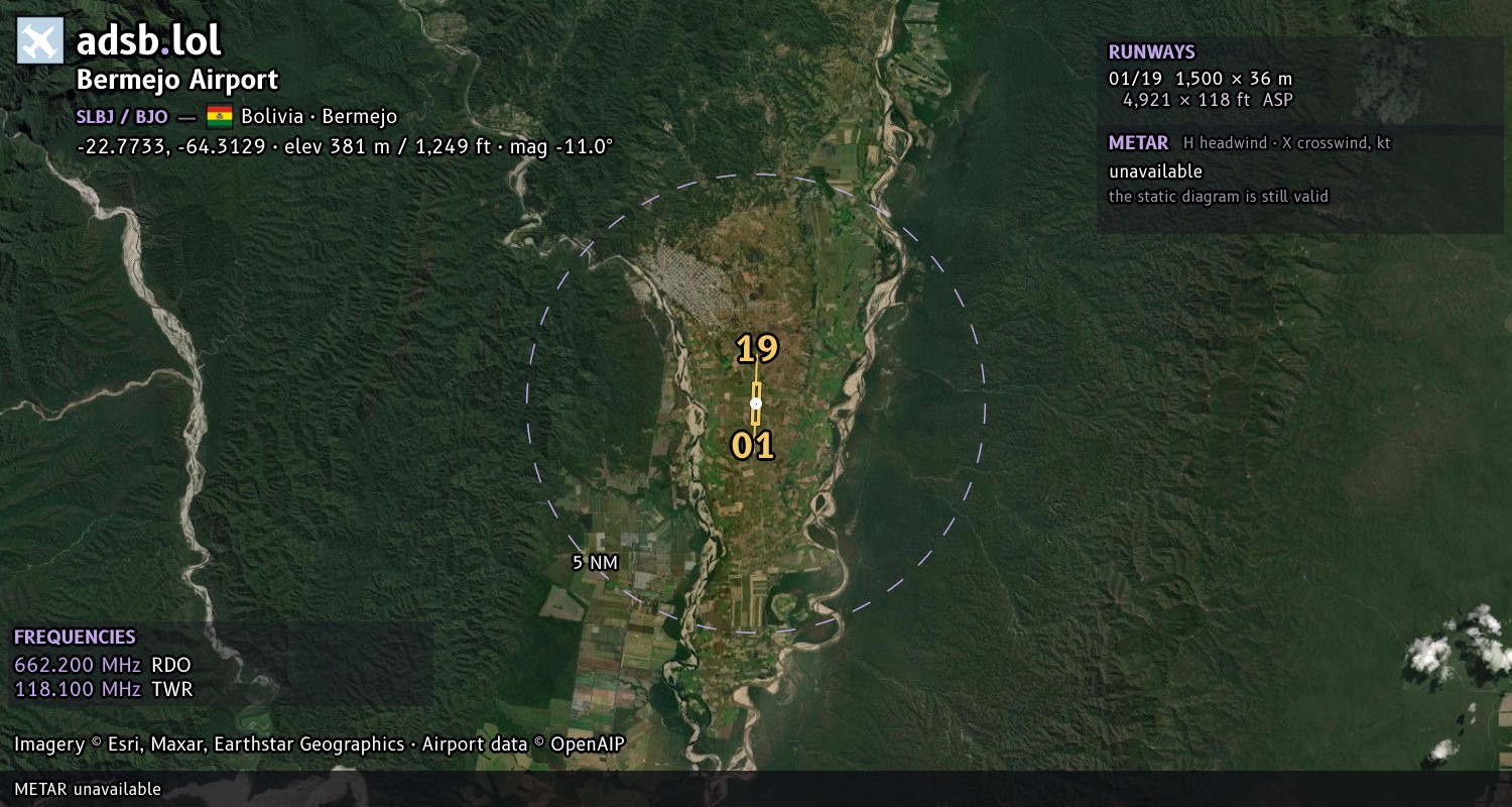 Satellite map with the runway layout of Bermejo Airport (SLBJ)