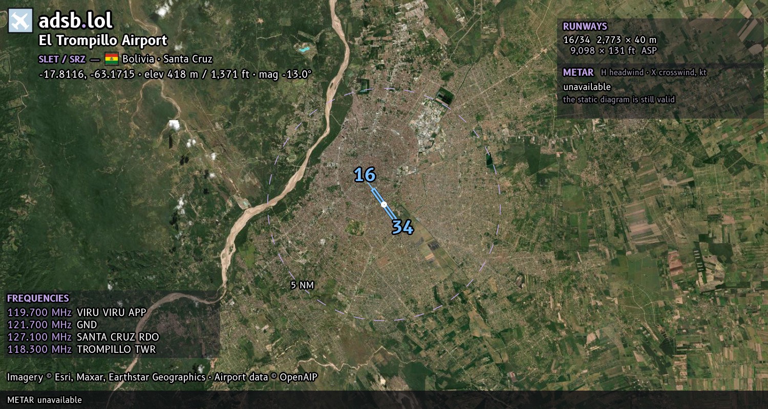 Satellite map with the runway layout of El Trompillo Airport (SLET)