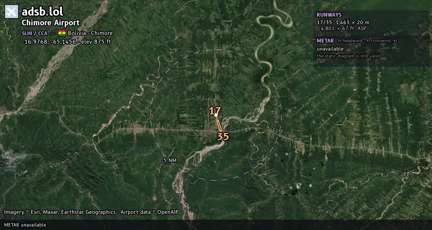 Satellite map with the runway layout of Chimore Airport (SLHI)