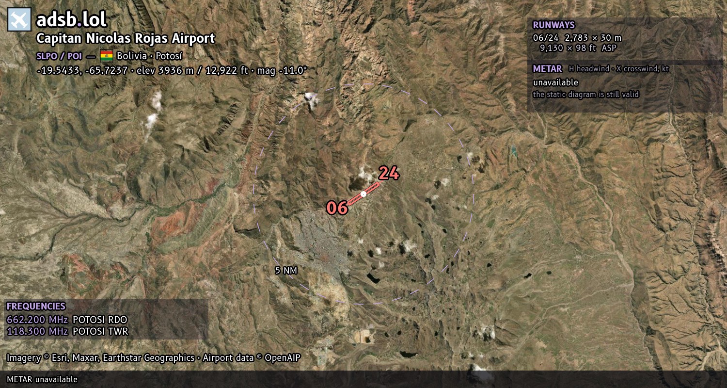 Satellite map with the runway layout of Capitan Nicolas Rojas Airport (SLPO)