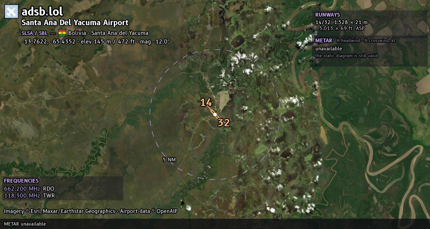 Satellite map with the runway layout of Santa Ana Del Yacuma Airport (SLSA)