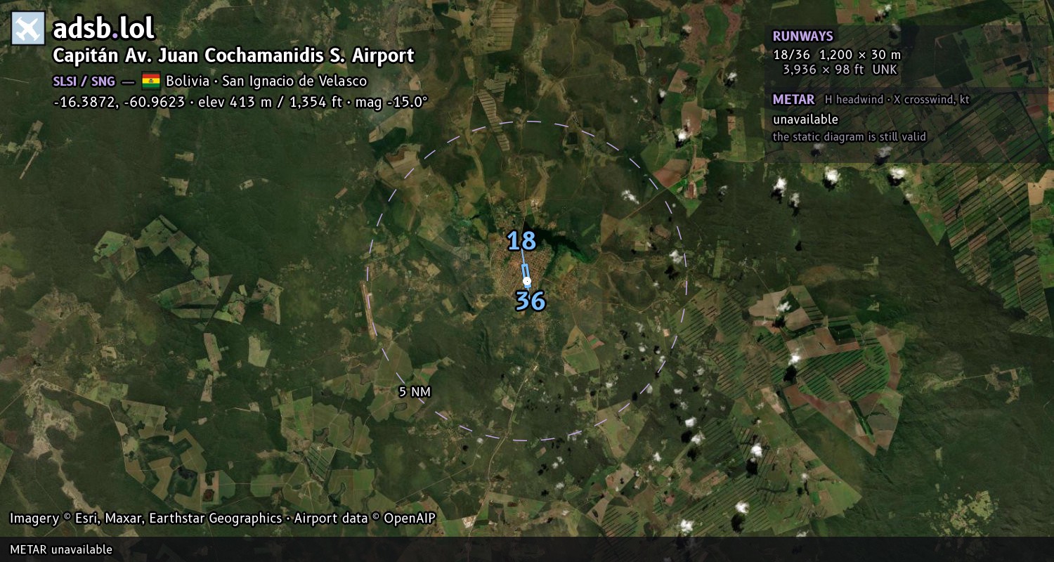 Satellite map with the runway layout of Capitán Av. Juan Cochamanidis S. Airport (SLSI)