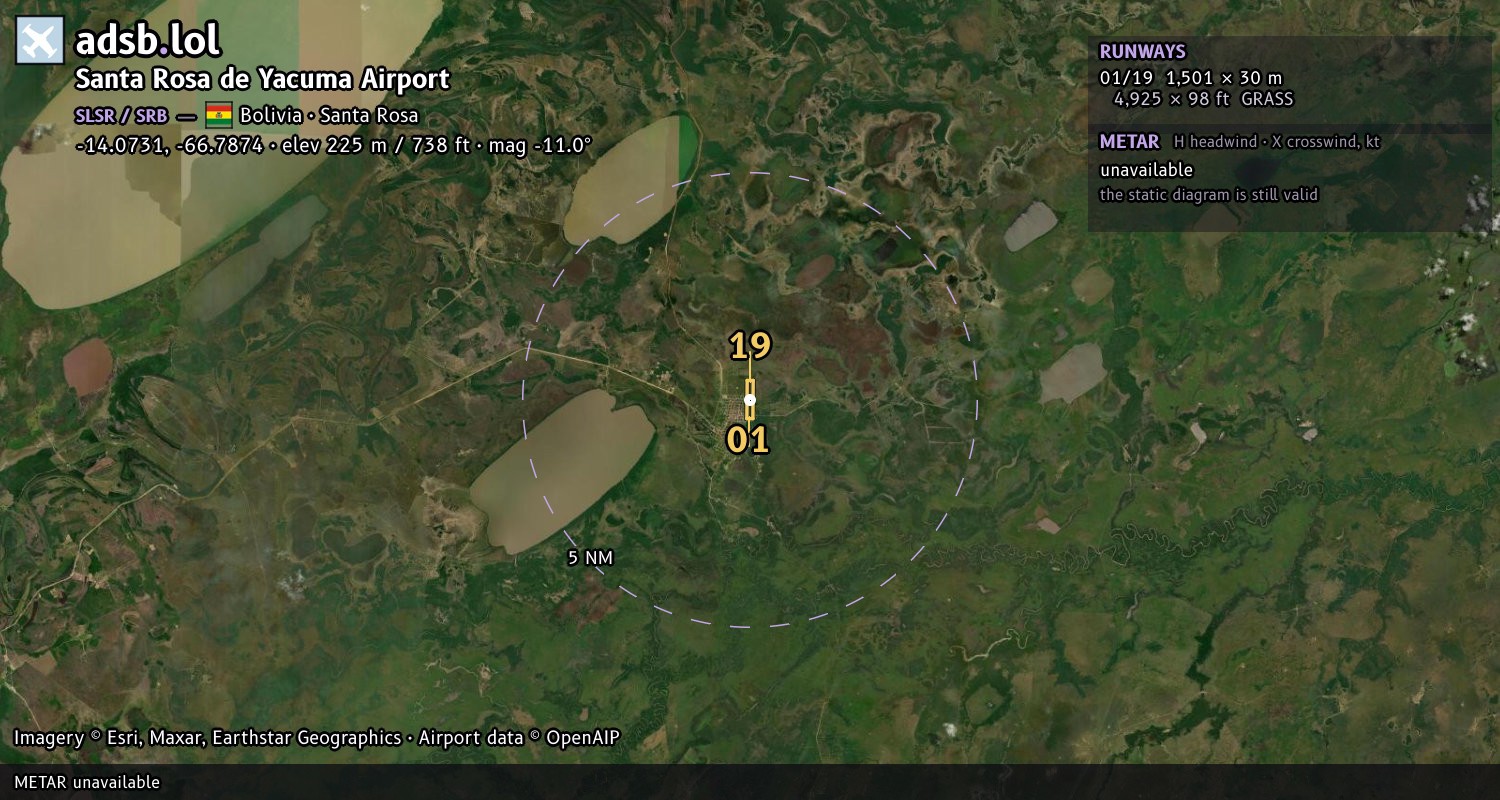 Satellite map with the runway layout of Santa Rosa de Yacuma Airport (SLSR)
