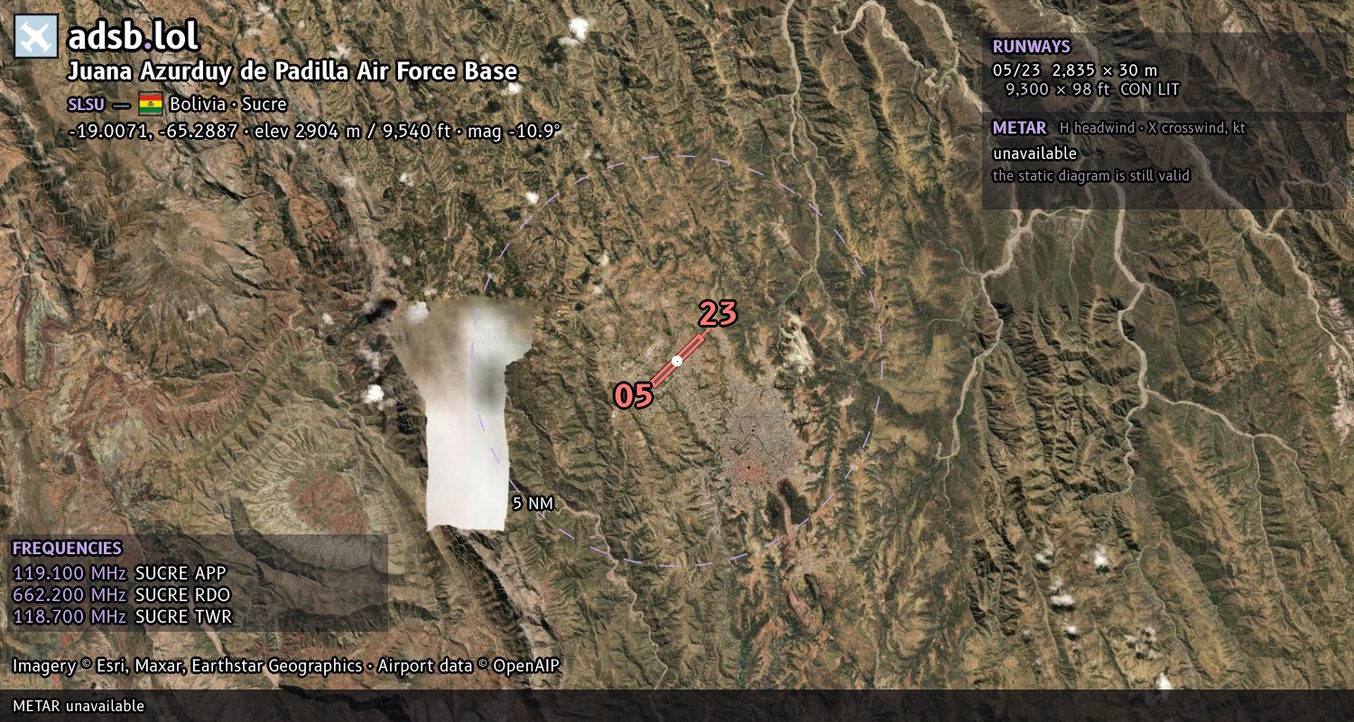 Satellite map with the runway layout of Juana Azurduy de Padilla Air Force Base (SLSU)