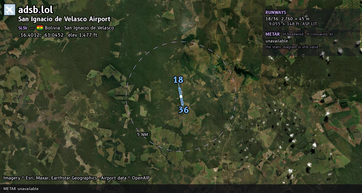 Satellite map with the runway layout of San Ignacio de Velasco Airport (SLSV)