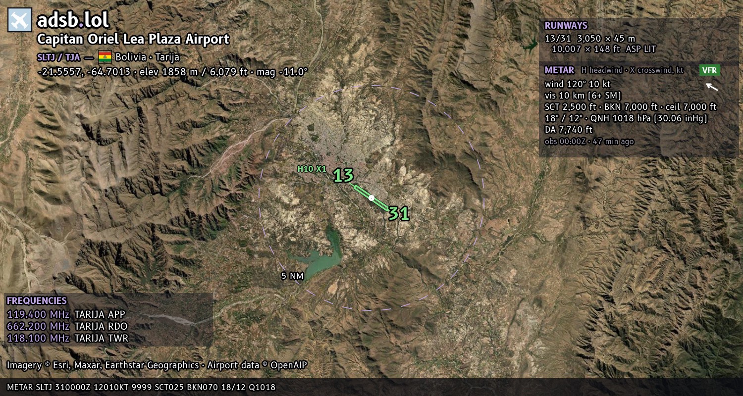 Satellite map with the runway layout of Capitan Oriel Lea Plaza Airport (SLTJ)