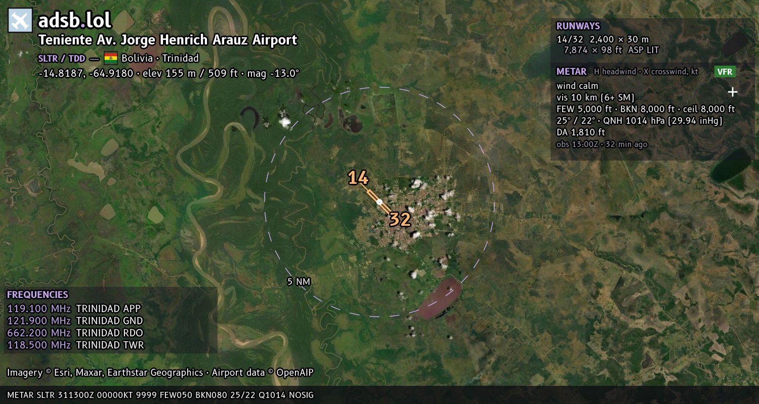 Satellite map with the runway layout of Teniente Av. Jorge Henrich Arauz Airport (SLTR)