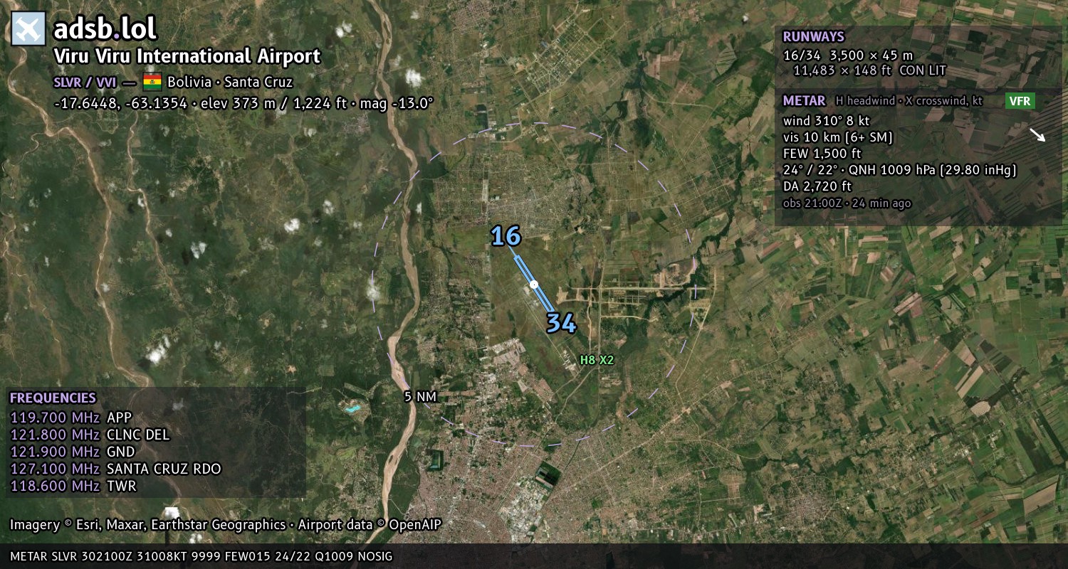 Satellite map with the runway layout of Viru Viru International Airport (SLVR)
