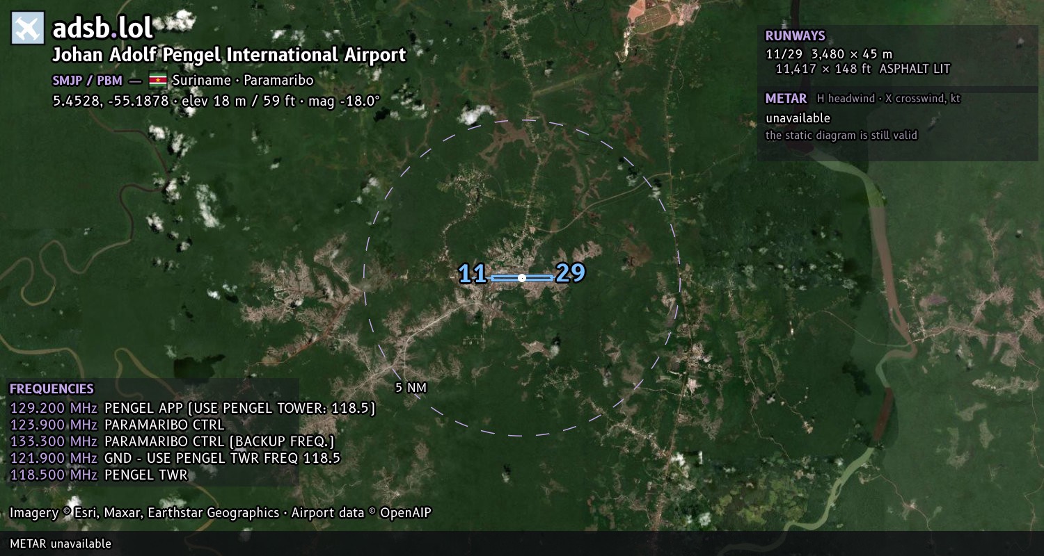 Satellite map with the runway layout of Johan Adolf Pengel International Airport (SMJP)