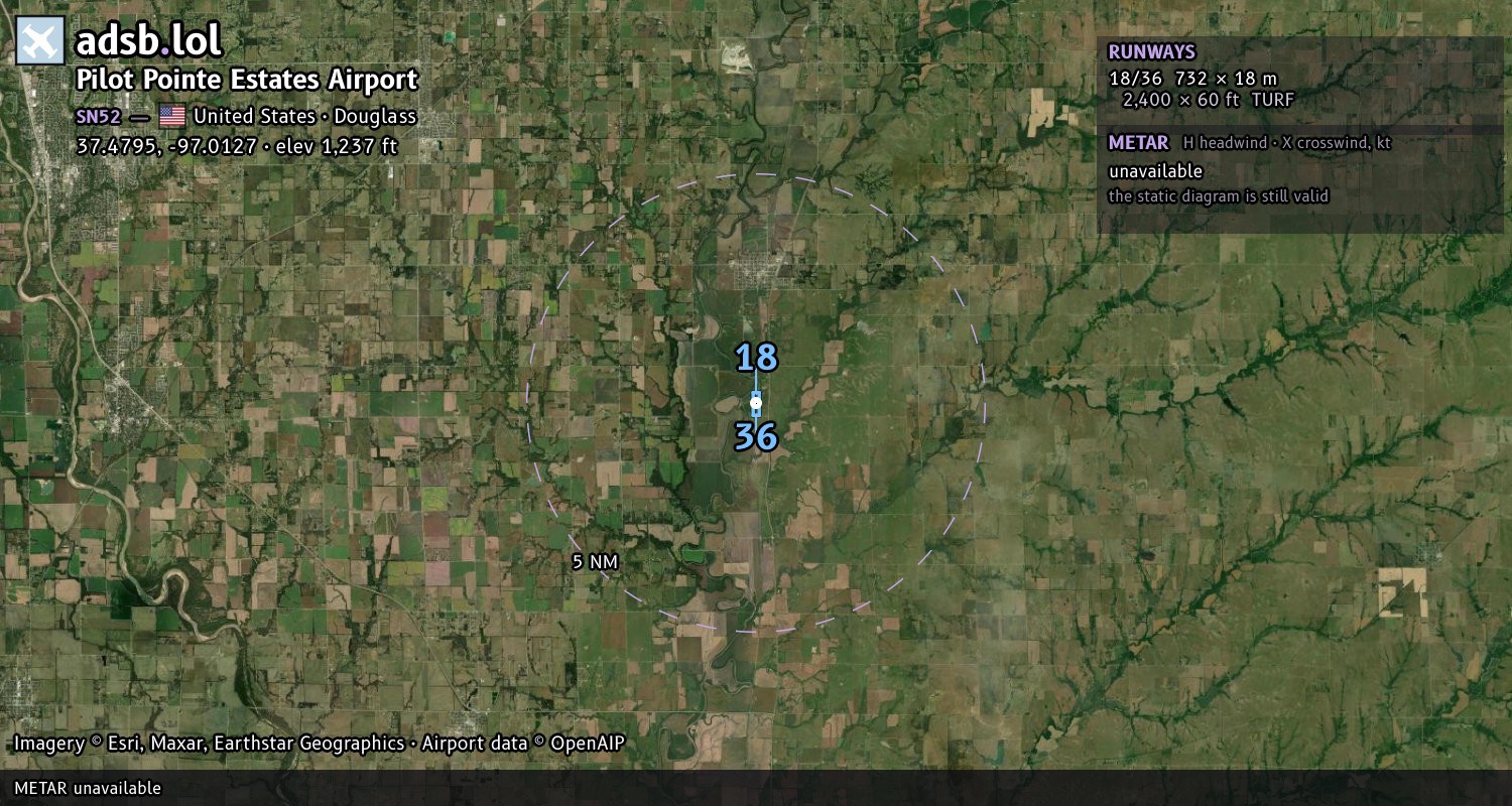 Satellite map with the runway layout of Pilot Pointe Estates Airport (SN52)