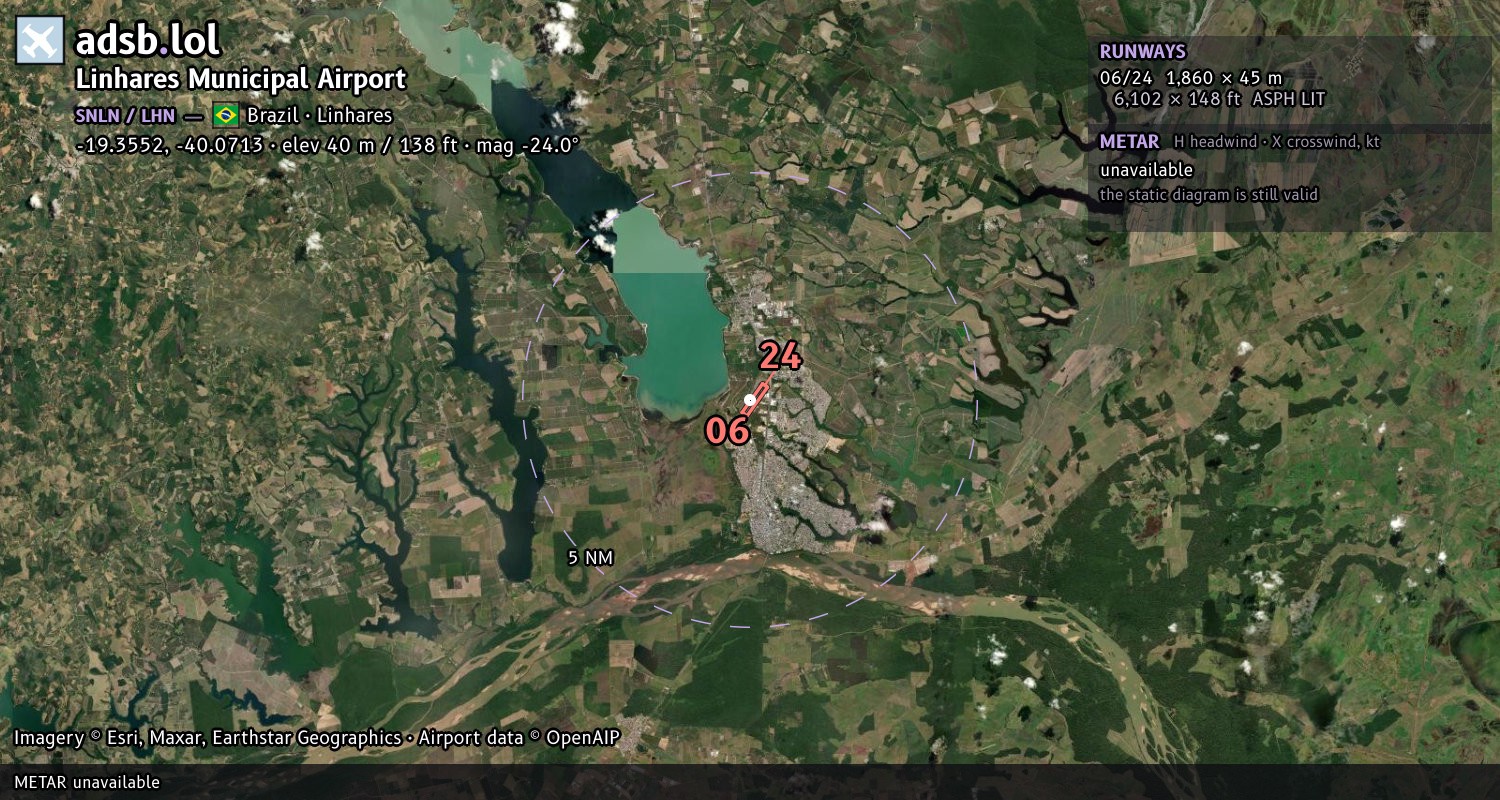 Satellite map with the runway layout of Linhares Municipal Airport (SNLN)