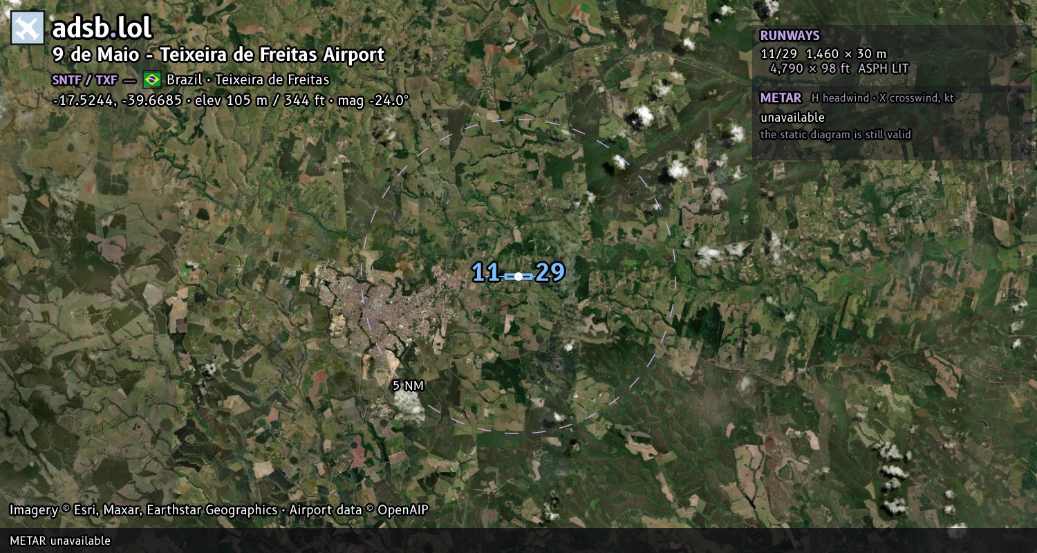 Satellite map with the runway layout of 9 de Maio - Teixeira de Freitas Airport (SNTF)