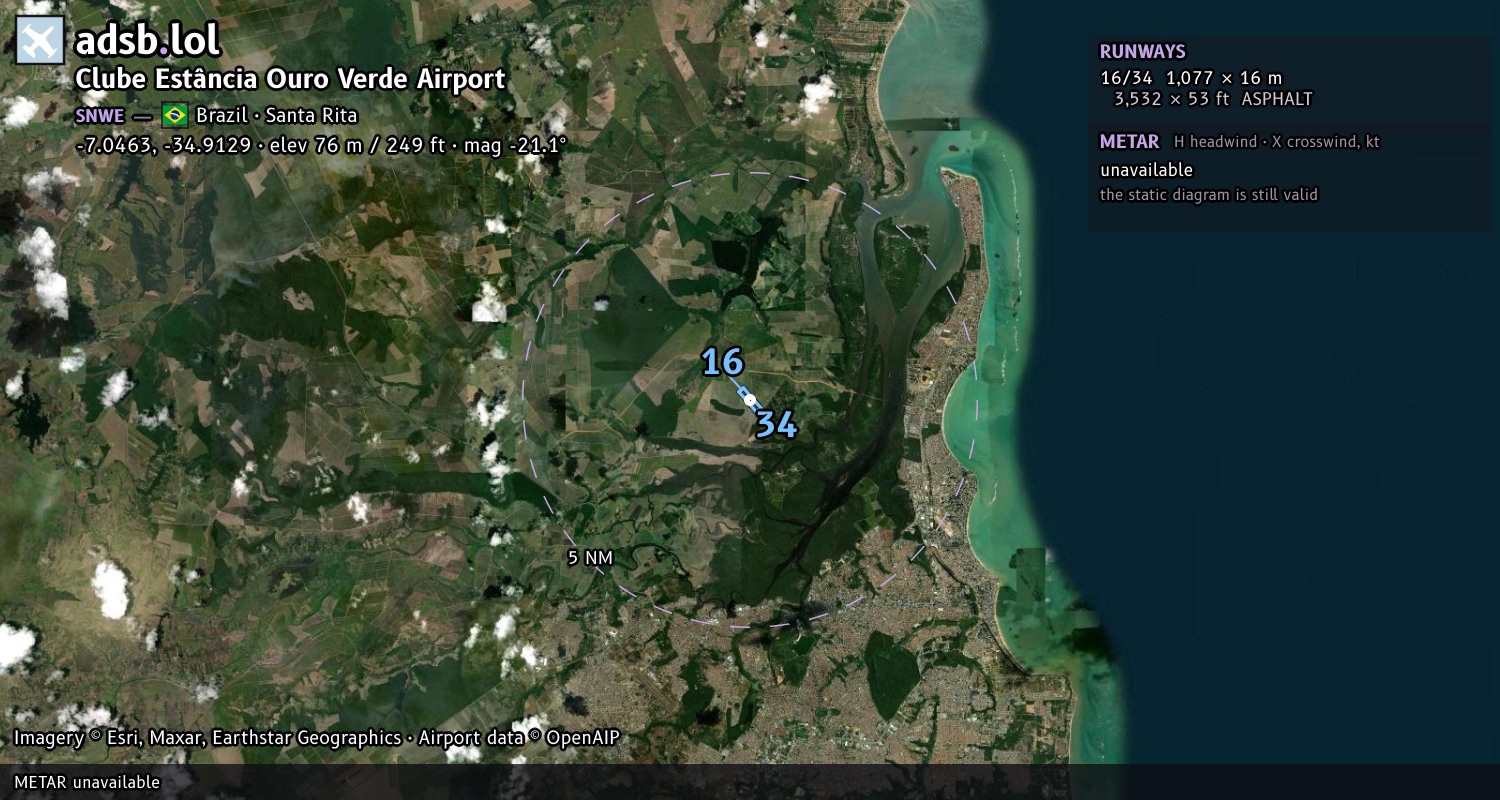 Satellite map with the runway layout of Clube Estância Ouro Verde Airport (SNWE)