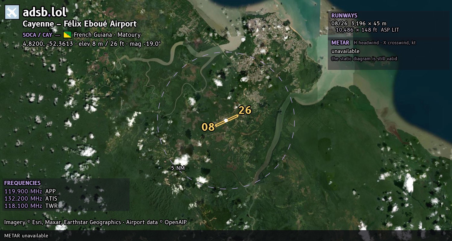 Satellite map with the runway layout of Cayenne – Félix Eboué Airport (SOCA)