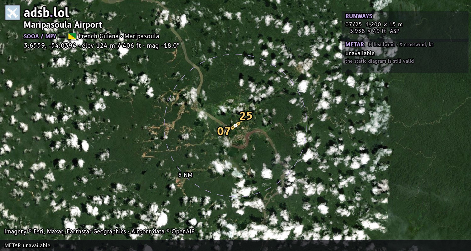 Satellite map with the runway layout of Maripasoula Airport (SOOA)