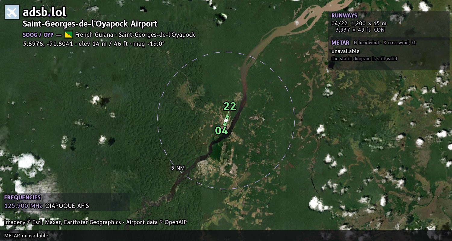Satellite map with the runway layout of Saint-Georges-de-l'Oyapock Airport (SOOG)