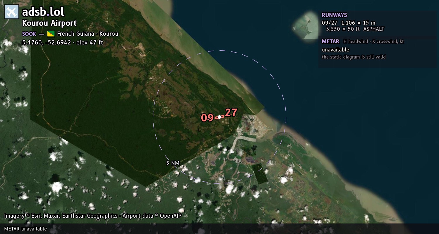 Satellite map with the runway layout of Kourou Airport (SOOK)