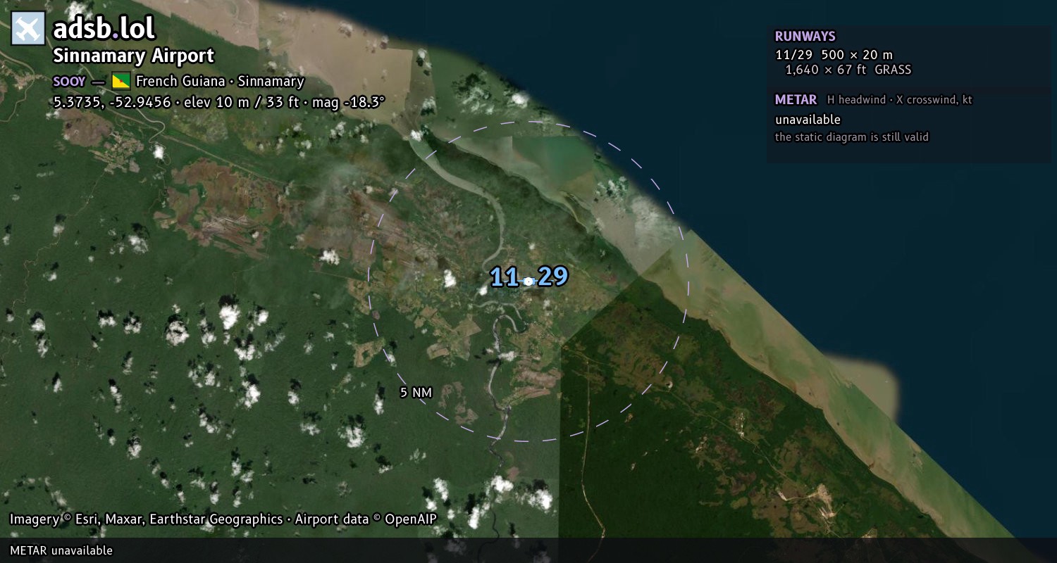 Satellite map with the runway layout of Sinnamary Airport (SOOY)