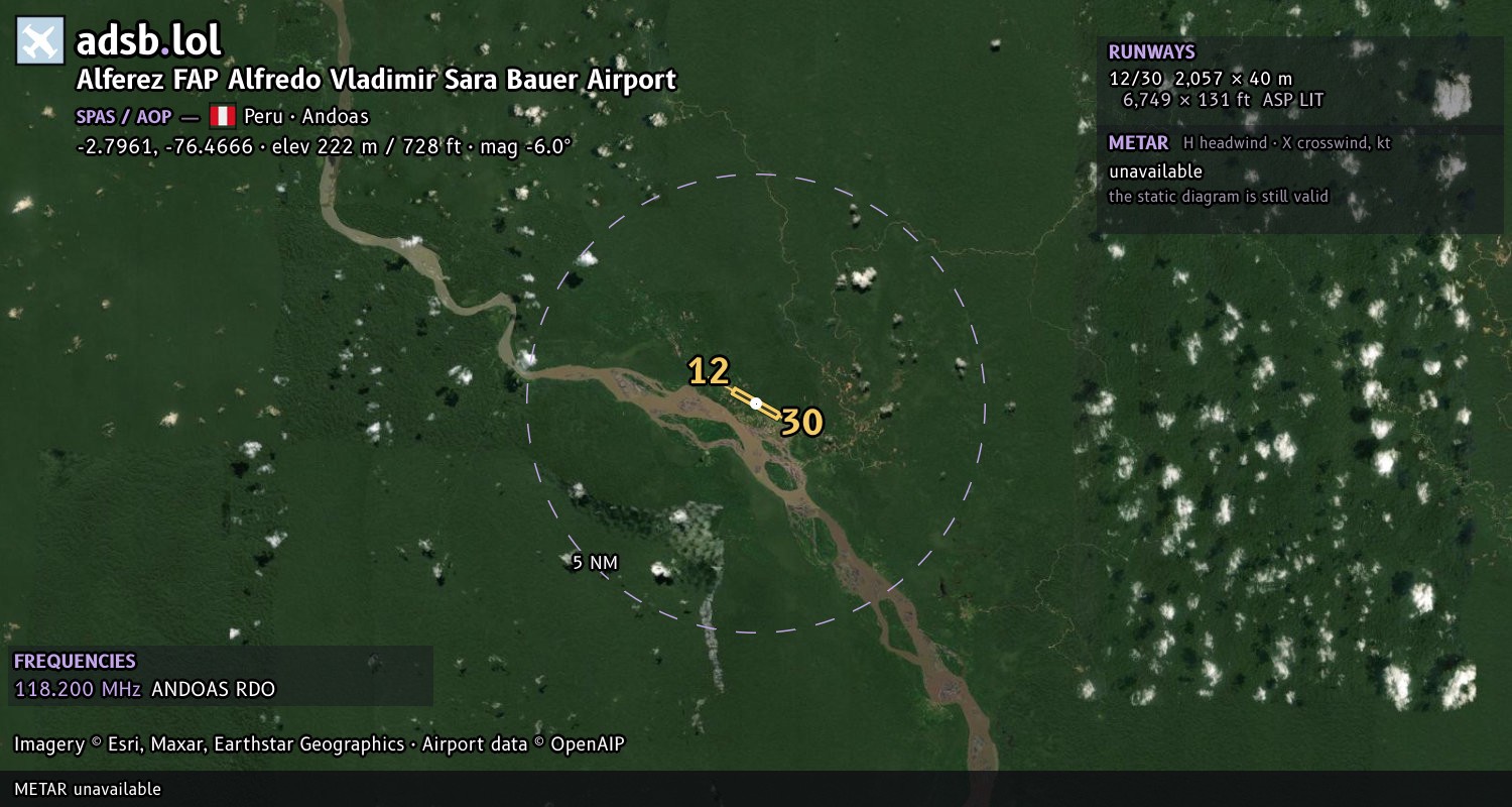 Satellite map with the runway layout of Alferez FAP Alfredo Vladimir Sara Bauer Airport (SPAS)