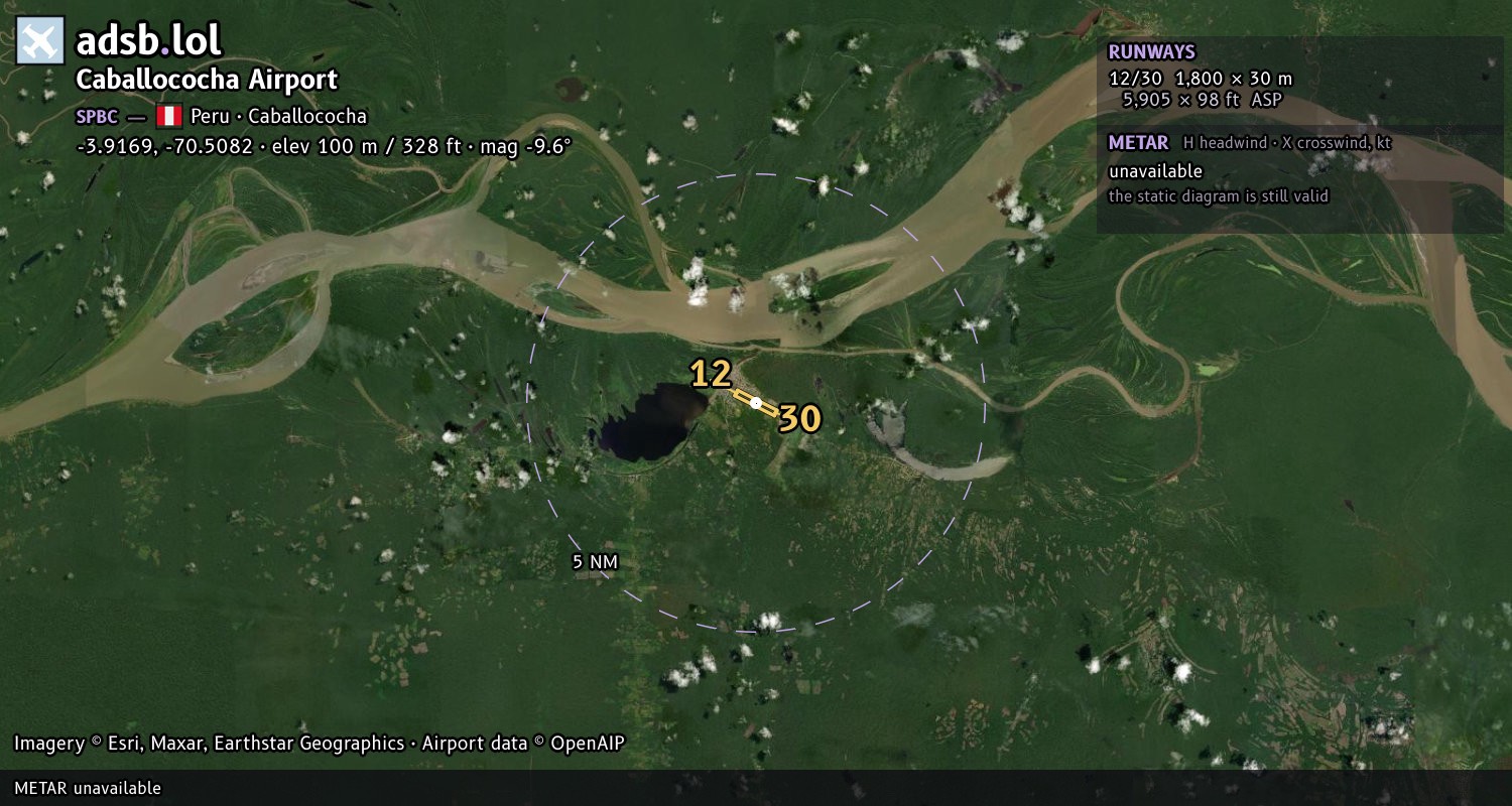 Satellite map with the runway layout of Caballococha Airport (SPBC)