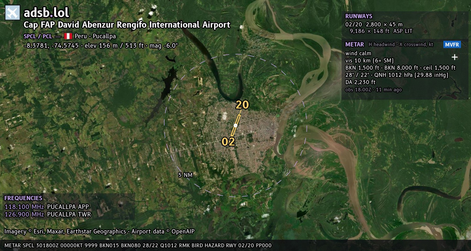 Satellite map with the runway layout of Cap FAP David Abenzur Rengifo International Airport (SPCL)