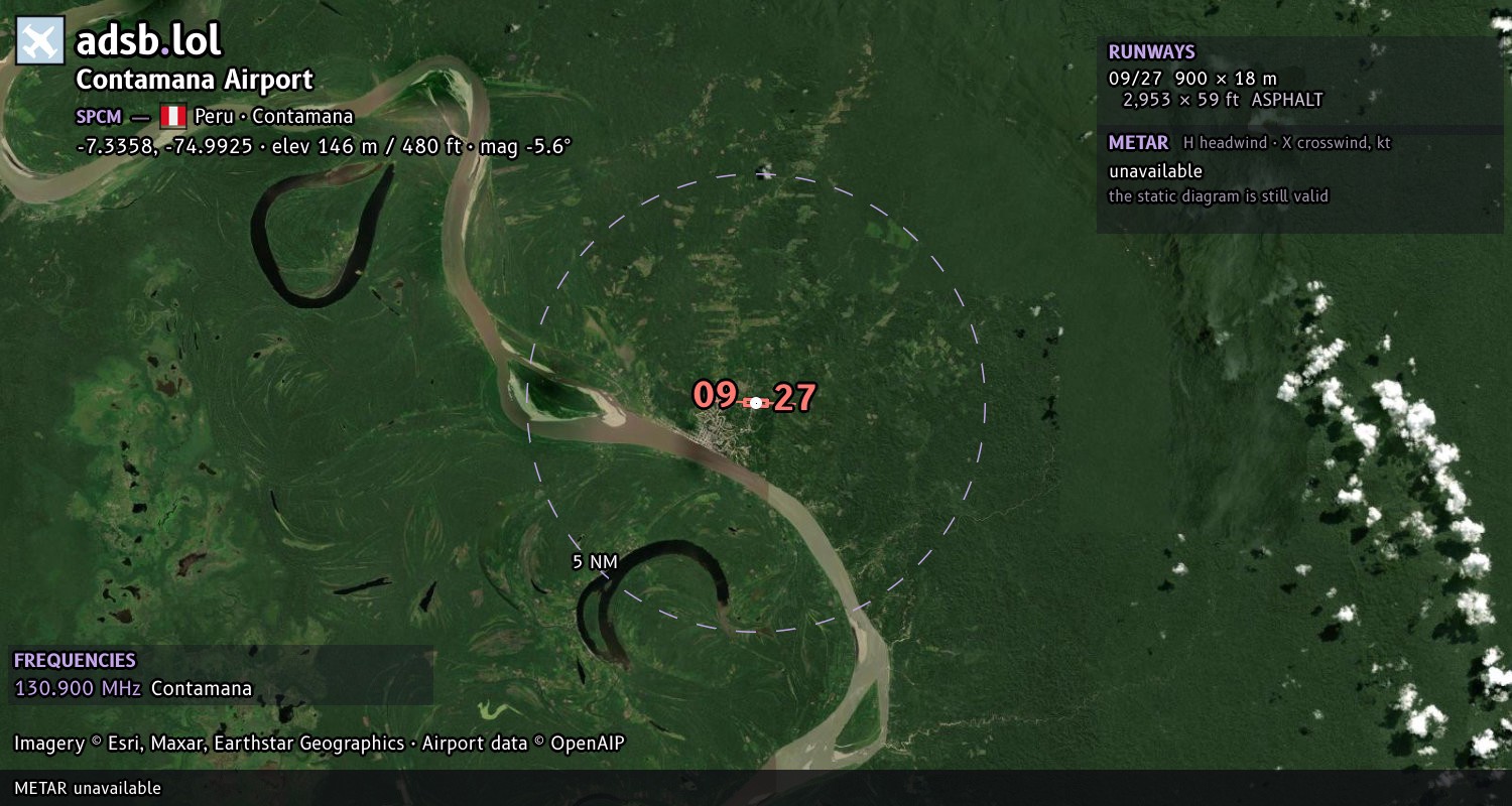 Satellite map with the runway layout of Contamana Airport (SPCM)
