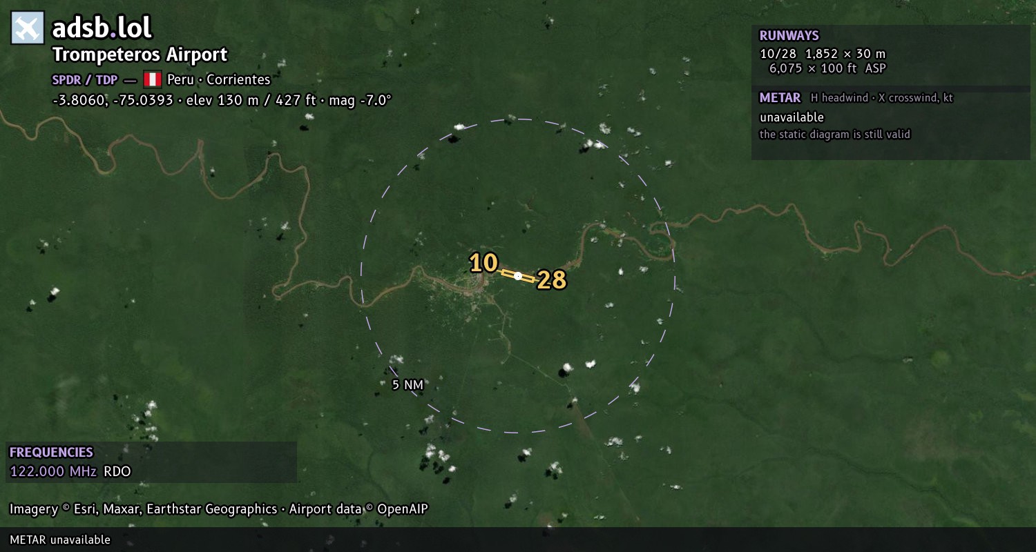 Satellite map with the runway layout of Trompeteros Airport (SPDR)