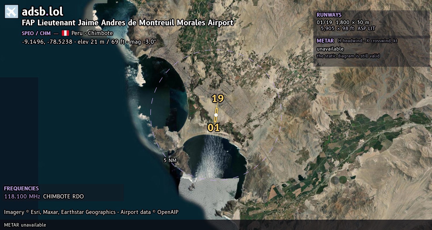 Satellite map with the runway layout of FAP Lieutenant Jaime Andres de Montreuil Morales Airport (SPEO)