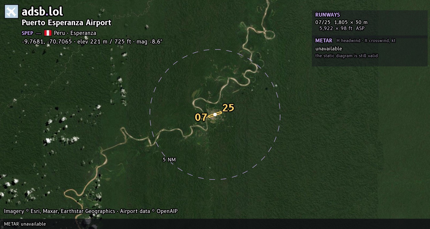 Satellite map with the runway layout of Puerto Esperanza Airport (SPEP)