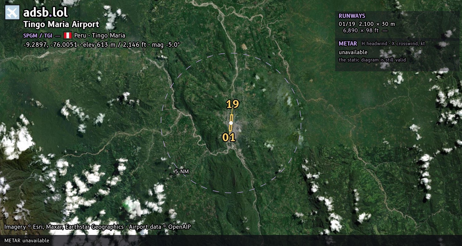 Satellite map with the runway layout of Tingo Maria Airport (SPGM)