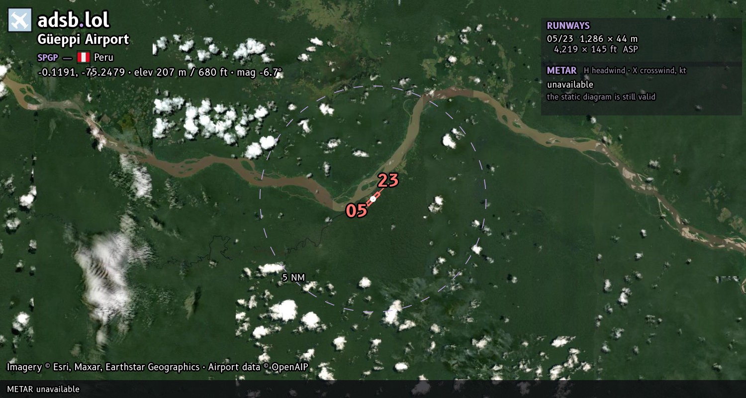 Satellite map with the runway layout of Güeppi­ Airport (SPGP)