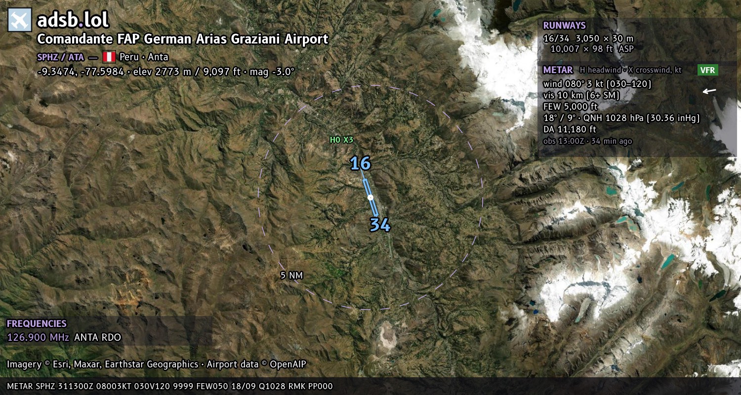 Satellite map with the runway layout of Comandante FAP German Arias Graziani Airport (SPHZ)