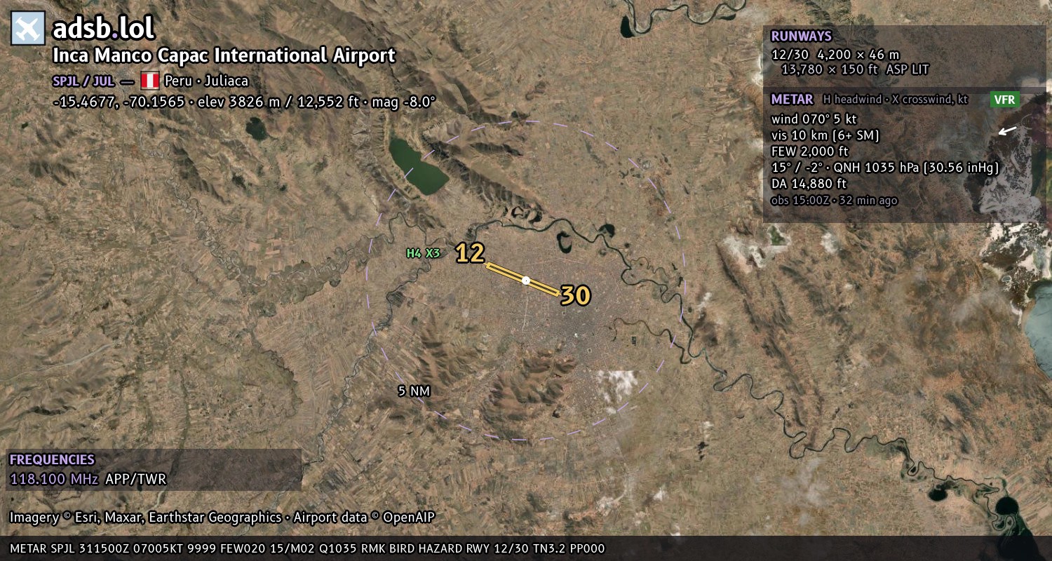Satellite map with the runway layout of Inca Manco Capac International Airport (SPJL)