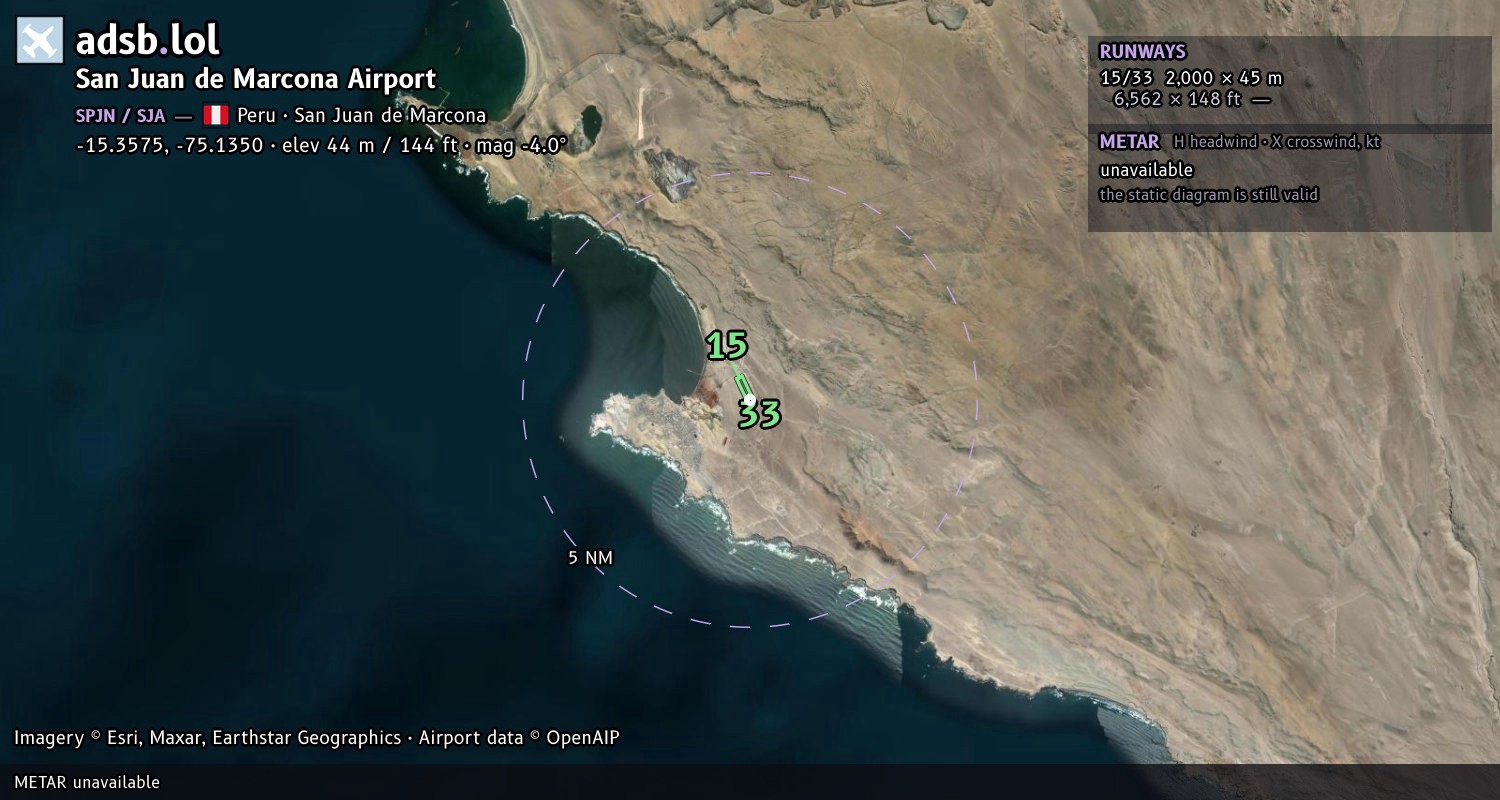 Satellite map with the runway layout of San Juan de Marcona Airport (SPJN)