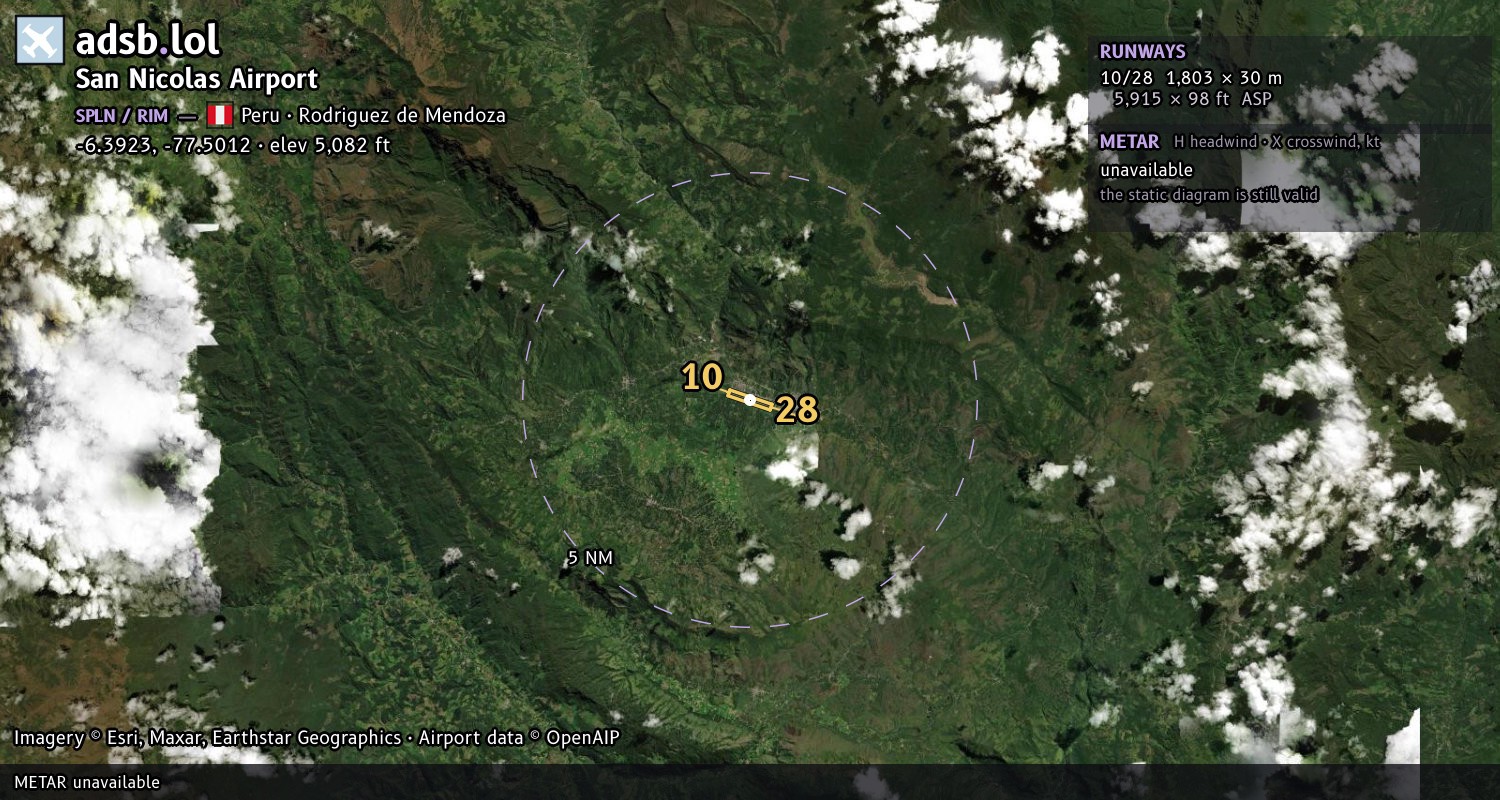 Satellite map with the runway layout of San Nicolas Airport (SPLN)