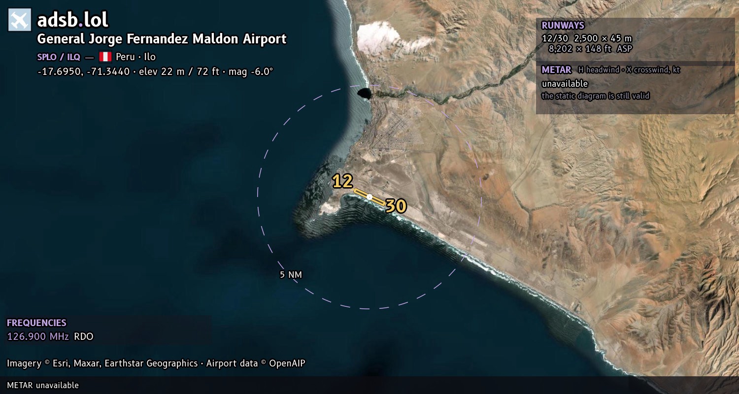 Satellite map with the runway layout of General Jorge Fernandez Maldon Airport (SPLO)