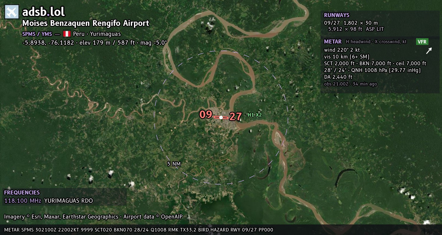 Satellite map with the runway layout of Moises Benzaquen Rengifo Airport (SPMS)
