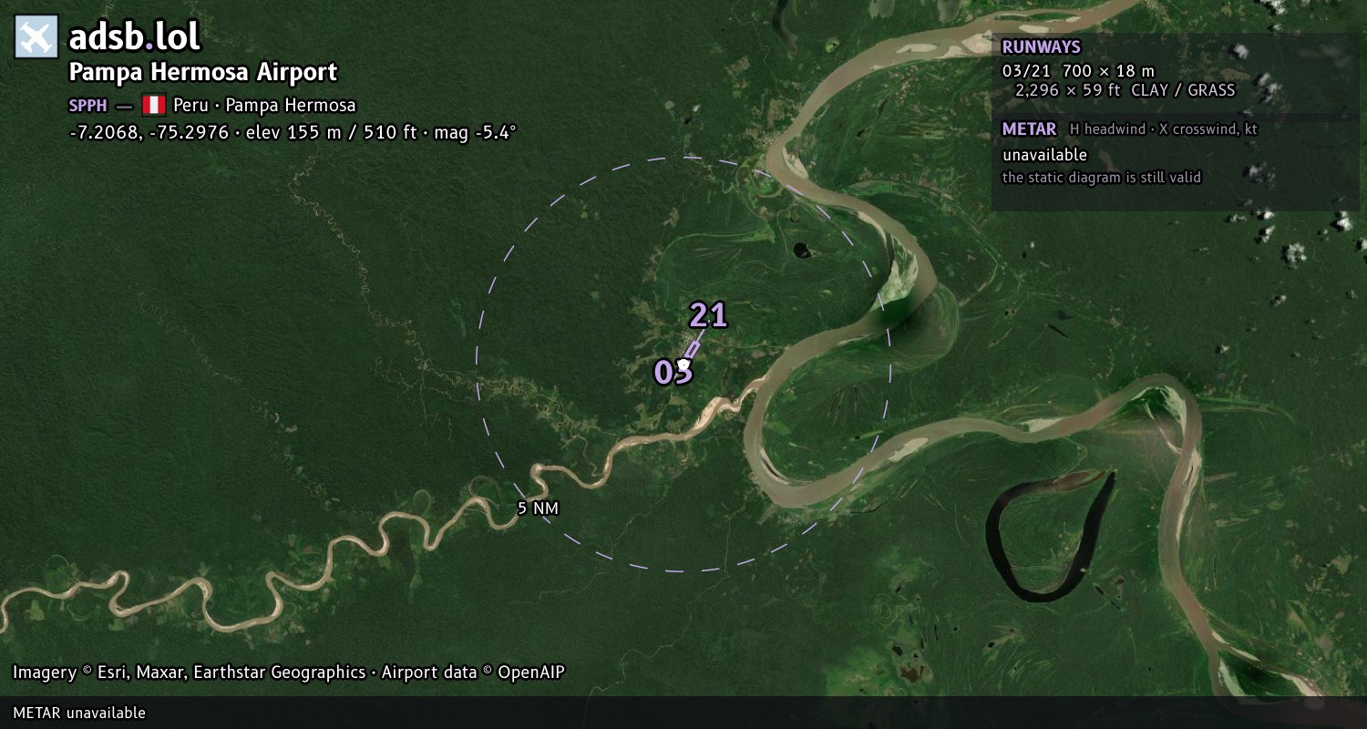 Satellite map with the runway layout of Pampa Hermosa Airport (SPPH)