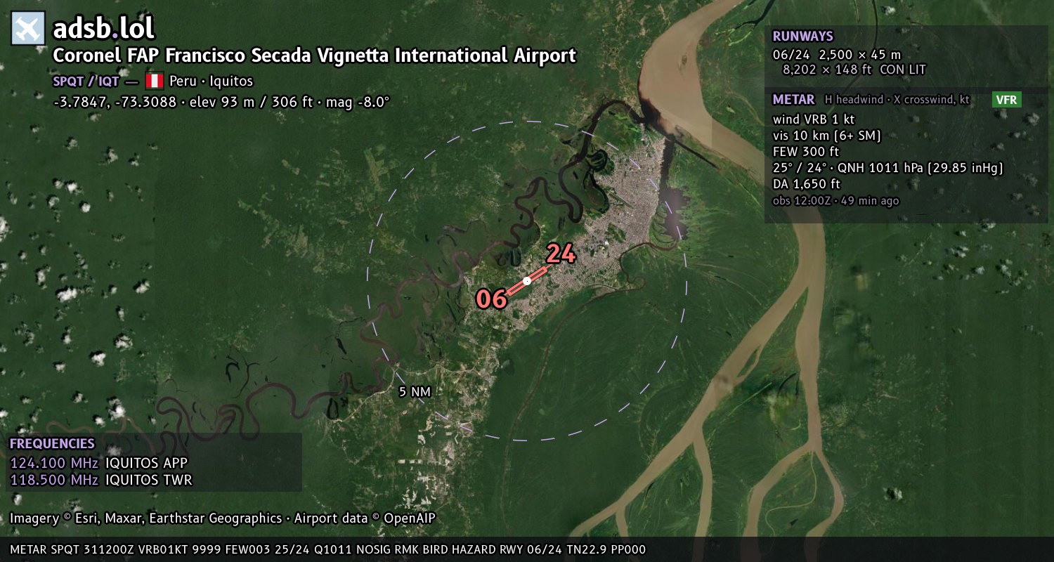 Satellite map with the runway layout of Coronel FAP Francisco Secada Vignetta International Airport (SPQT)