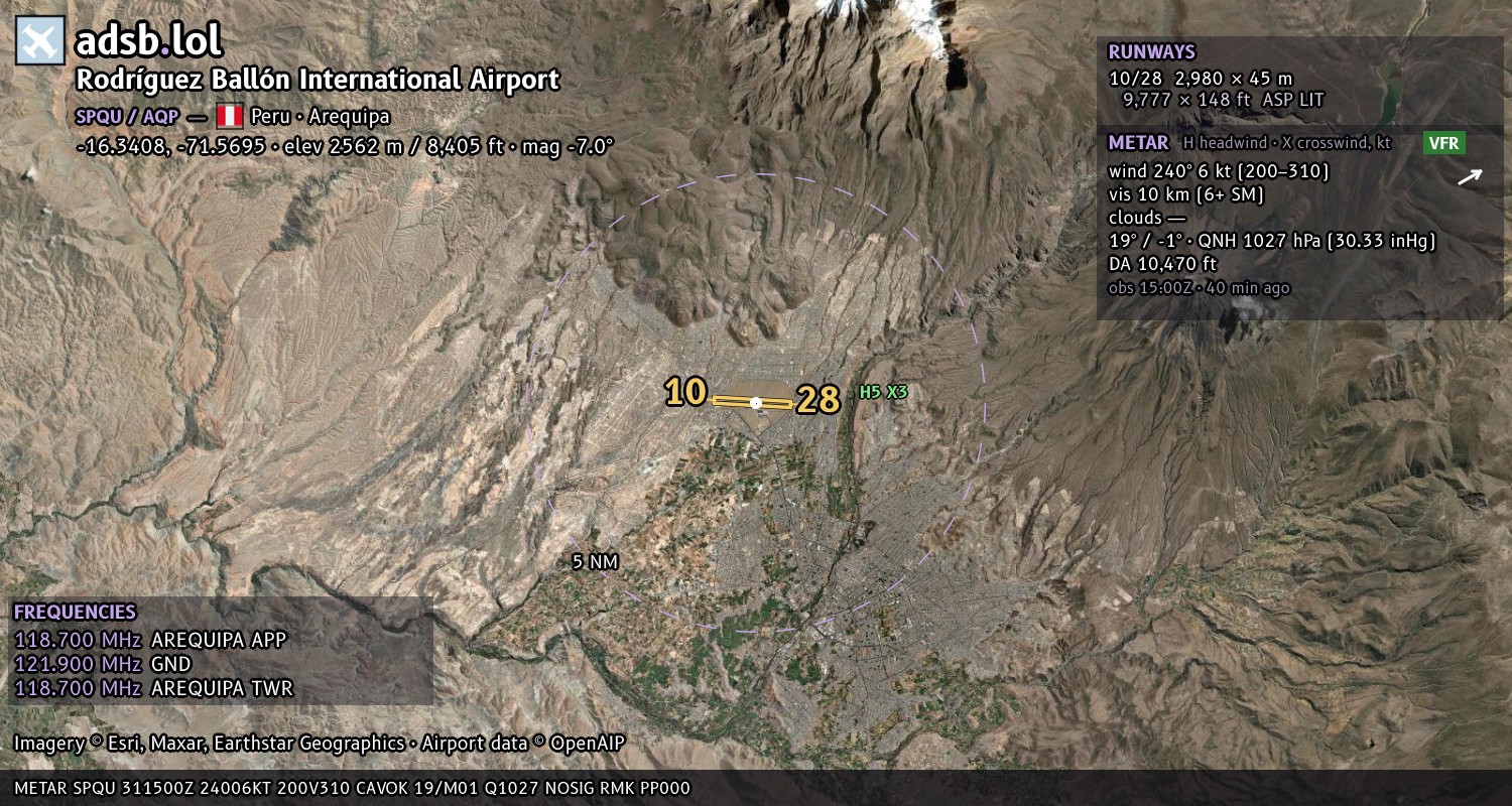 Satellite map with the runway layout of Rodríguez Ballón International Airport (SPQU)