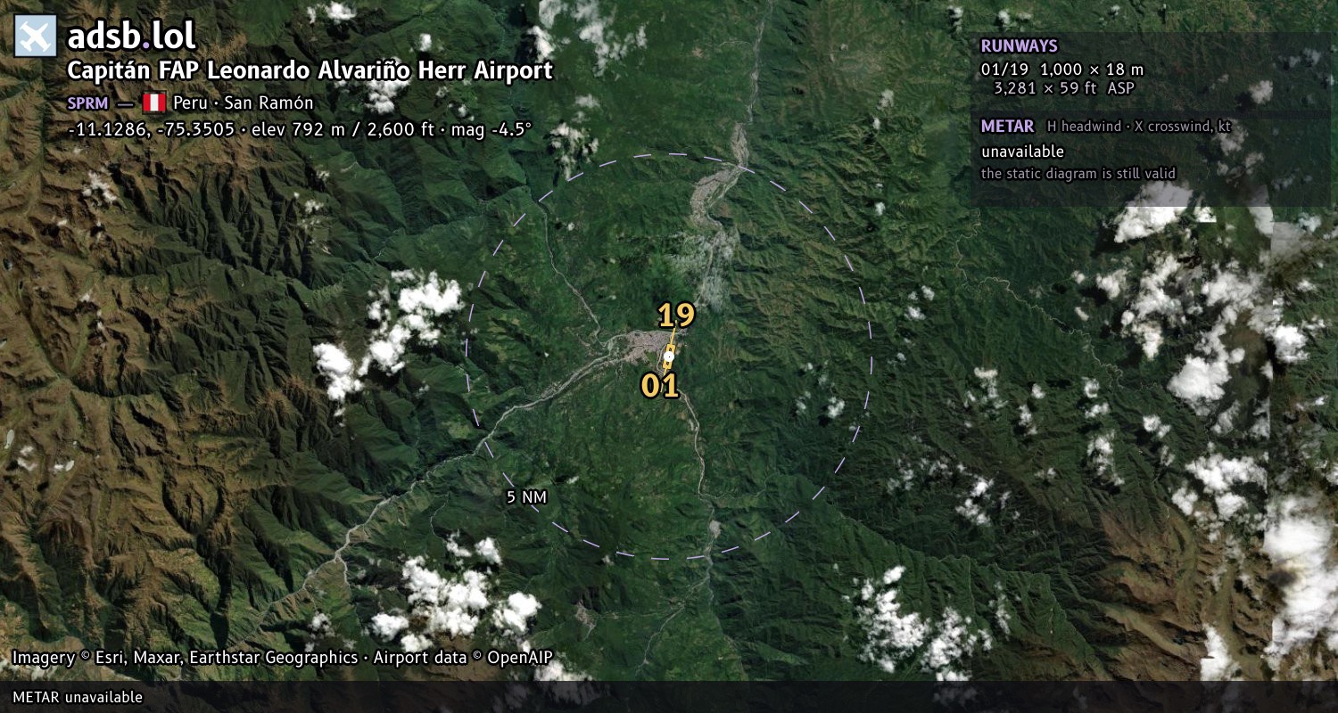 Satellite map with the runway layout of Capitán FAP Leonardo Alvariño Herr Airport (SPRM)